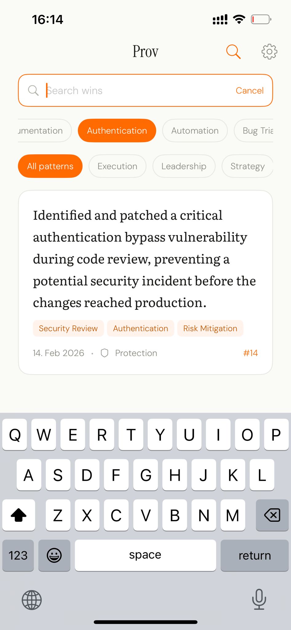 Prov Archive — Search and filter wins by pattern, tag, and date