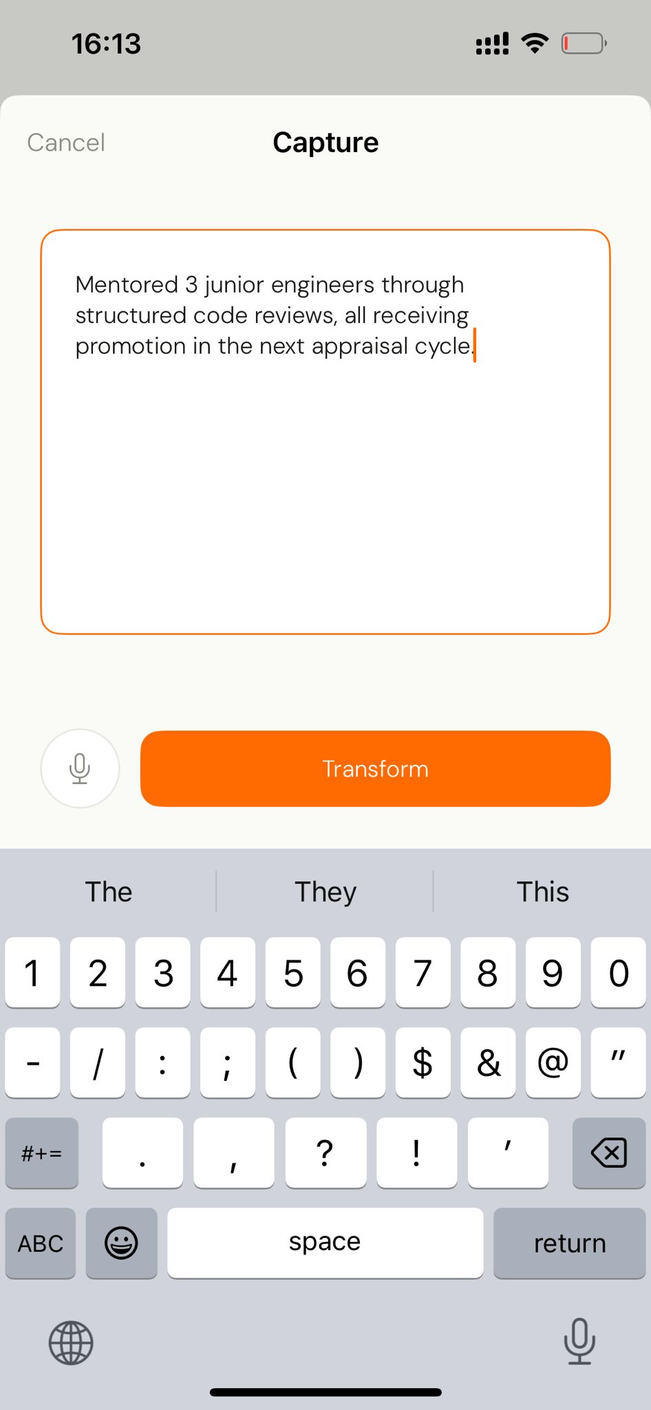 Prov App — Capture screen: type your win, tap Transform