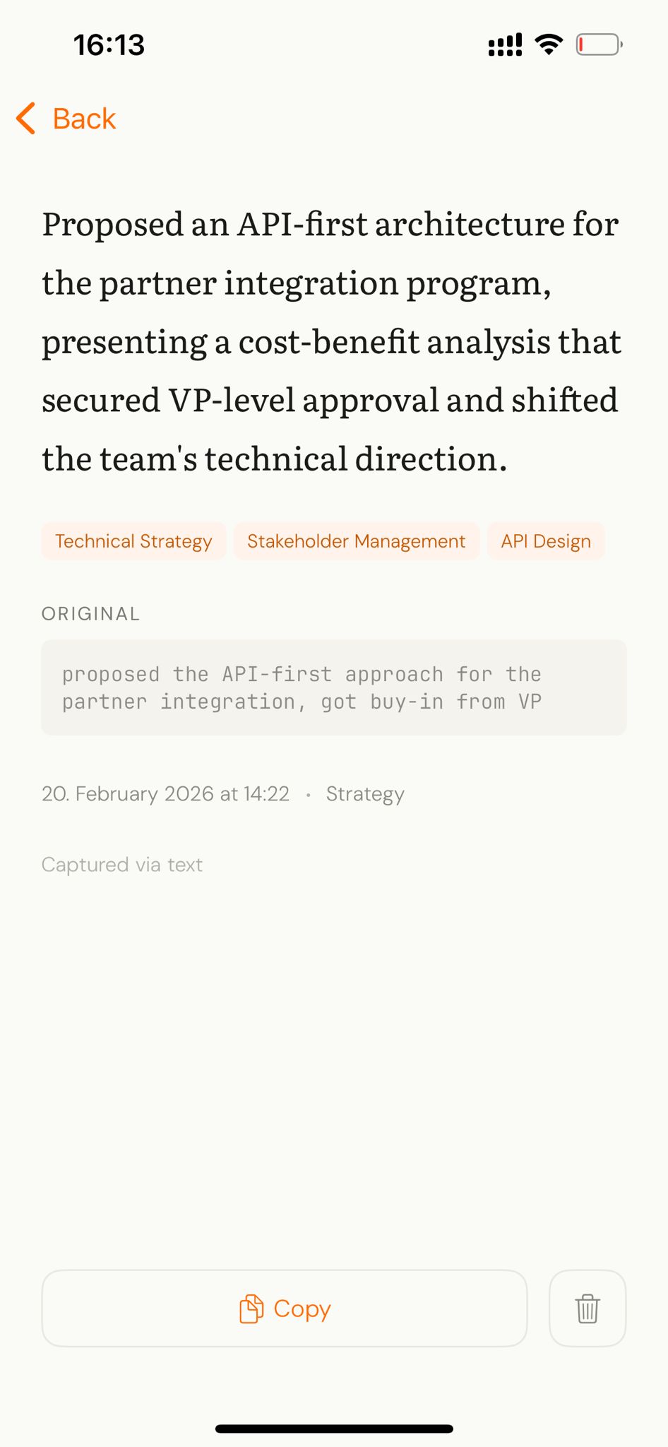 Prov App — AI-enriched win showing polished output and original input